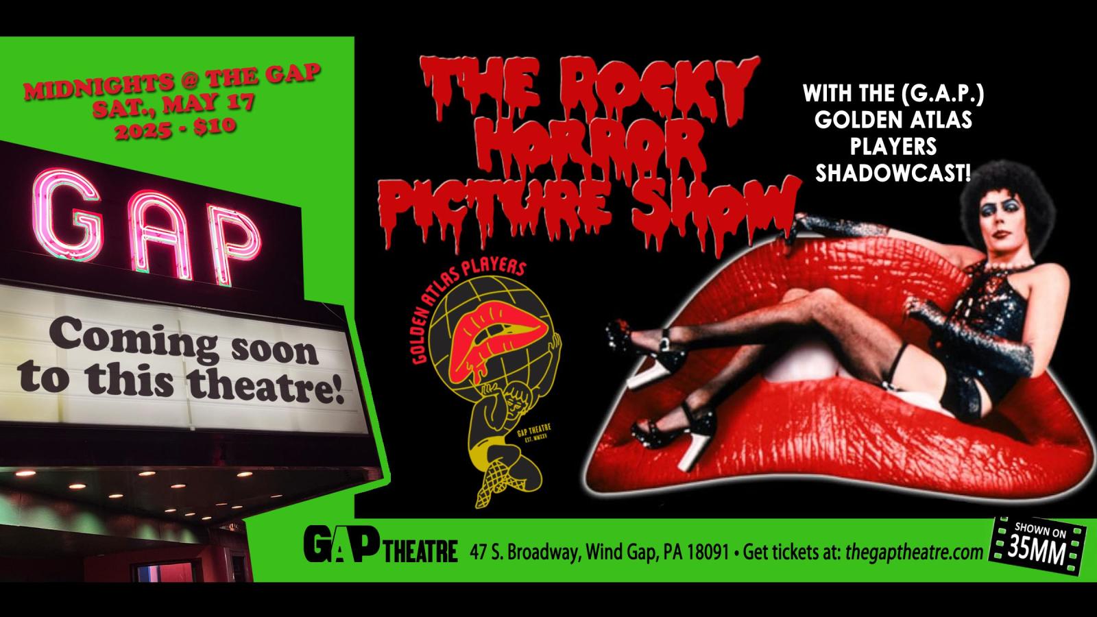 MIDNIGHTS @ THE GAP: THE ROCKY HORROR PICTURE SHOW (1975) in 35mm w/ Golden Atlas Players.
