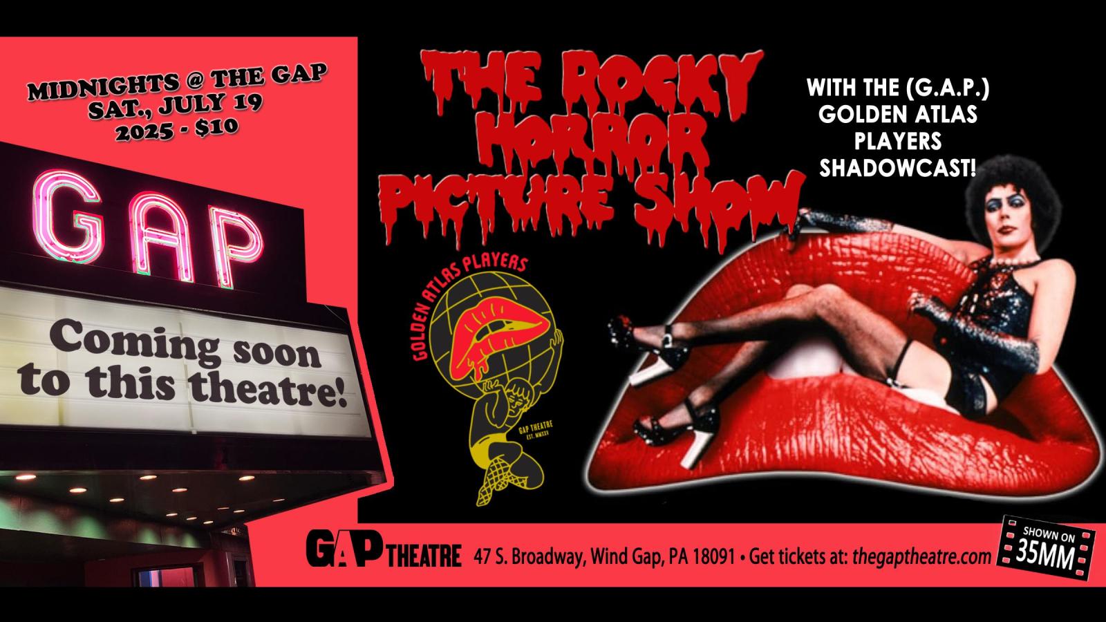 MIDNIGHTS @ THE GAP: THE ROCKY HORROR PICTURE SHOW (1975) in 35mm w/ Golden Atlas Players