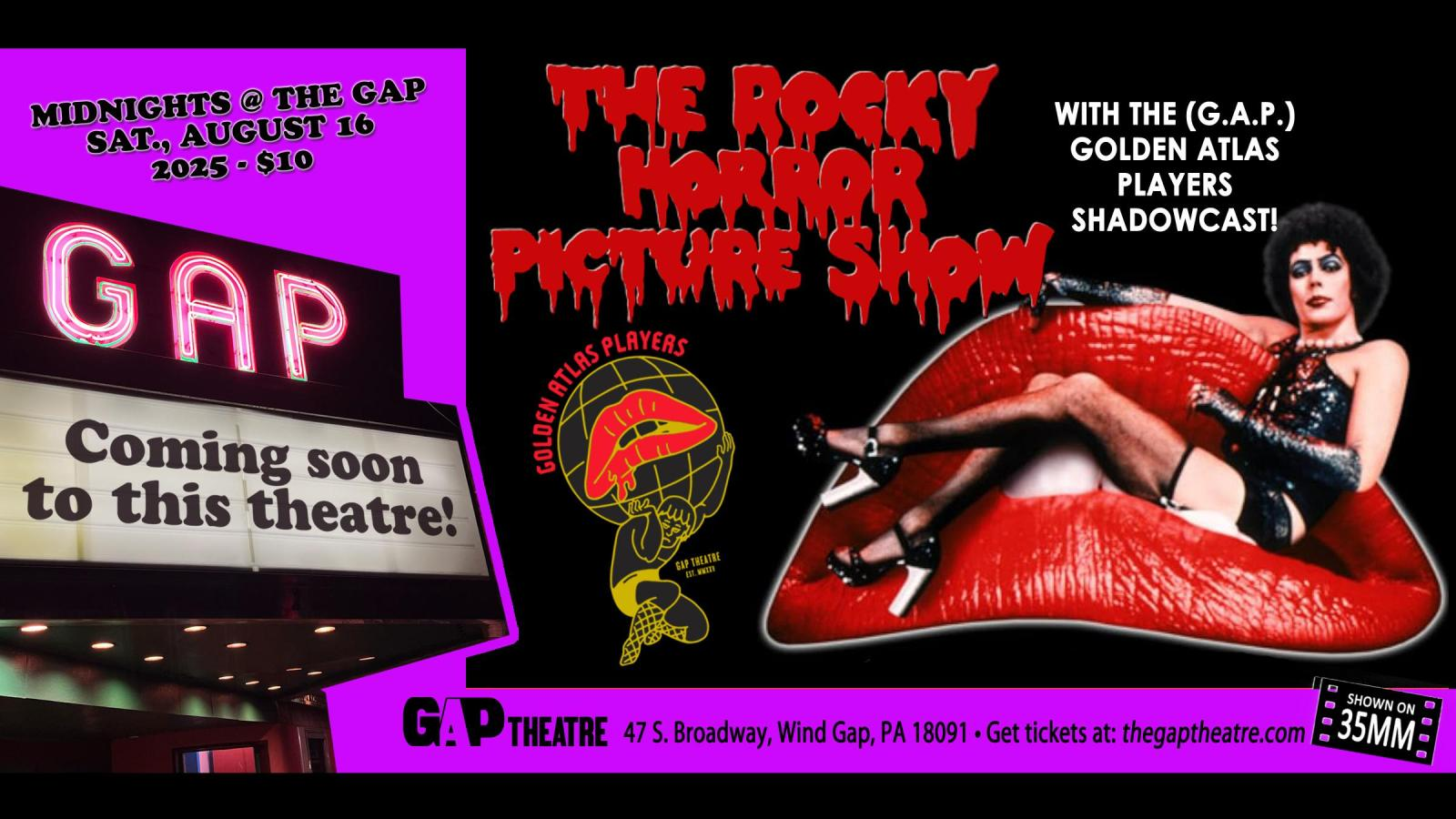 MIDNIGHTS @ THE GAP: THE ROCKY HORROR PICTURE SHOW (1975) in 35mm w/ Golden Atlas Players