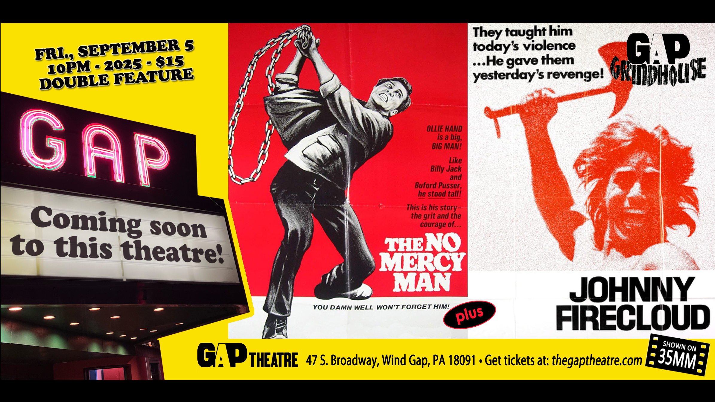 GAP GRINDHOUSE DOUBLE FEATURE: NO MERCY MAN (1973) & JOHNNY FIRECLOUD (1975) in 35mm